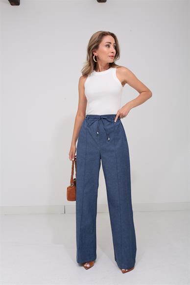 Beli Lastikli Önü Çimali Denim Görünümlü Pantolon