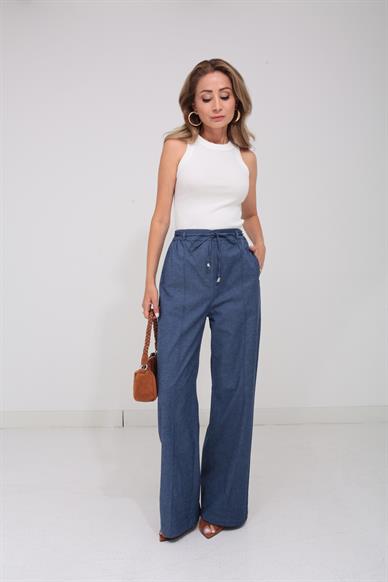 Beli Lastikli Önü Çimali Denim Görünümlü Pantolon