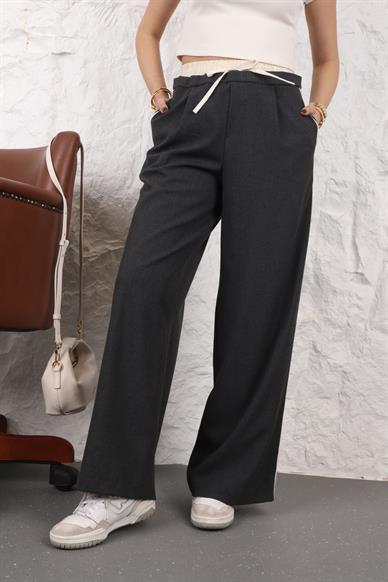 Beli Lastikli Şeritli Füme Pantolon