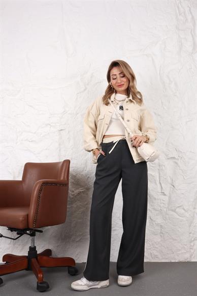 Beli Lastikli Şeritli Füme Pantolon