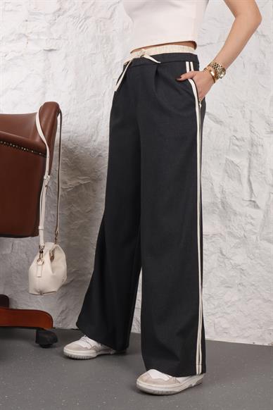 Beli Lastikli Şeritli Füme Pantolon