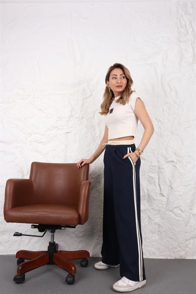 Beli Lastikli Şeritli Lacivert Pantolon
