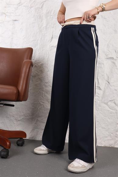 Beli Lastikli Şeritli Lacivert Pantolon