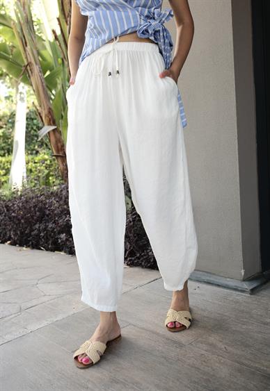 Beli Lastikli Tensel Beyaz Şalvar Pantolon