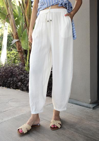 Beli Lastikli Tensel Beyaz Şalvar Pantolon