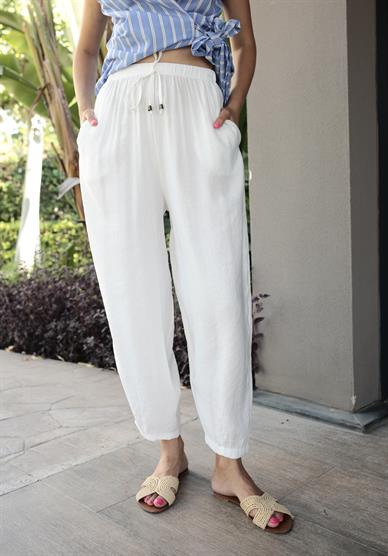 Beli Lastikli Tensel Beyaz Şalvar Pantolon