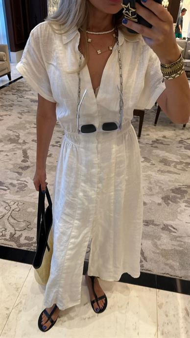 Beli Lastkli V Yaka Ekru Ham Keten Elbise