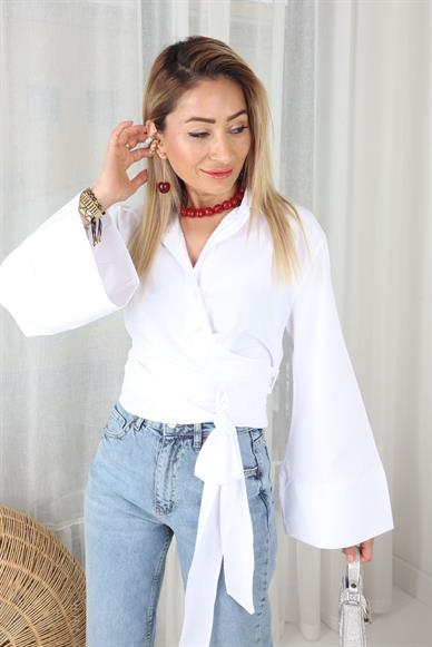 Beyaz  Bağlamalı Crop Gömlek
