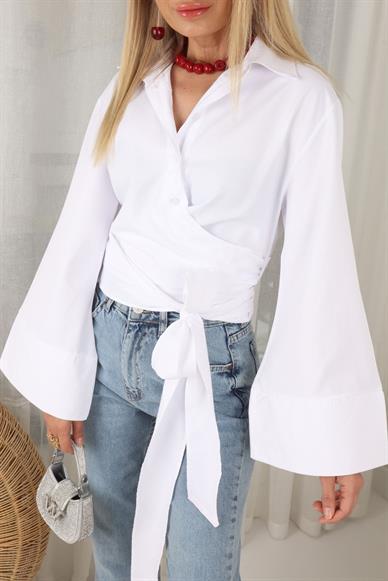 Beyaz  Bağlamalı Crop Gömlek