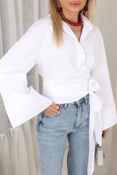 Beyaz  Bağlamalı Crop Gömlek