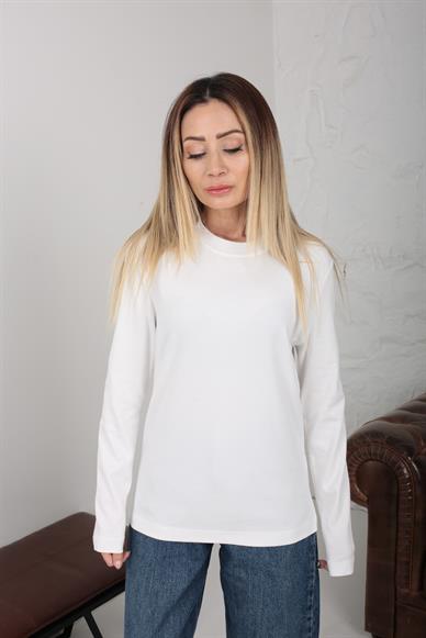 Beyaz Bisiklet Yaka Uzun Kol İnce Sweatshirt