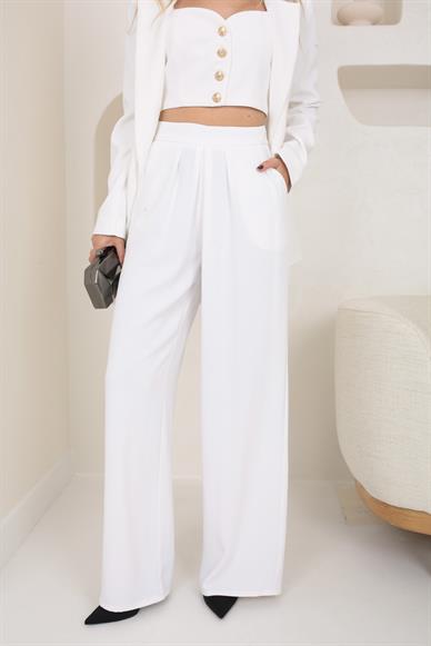 Beyaz Crop Ceketli Üçlü Takım