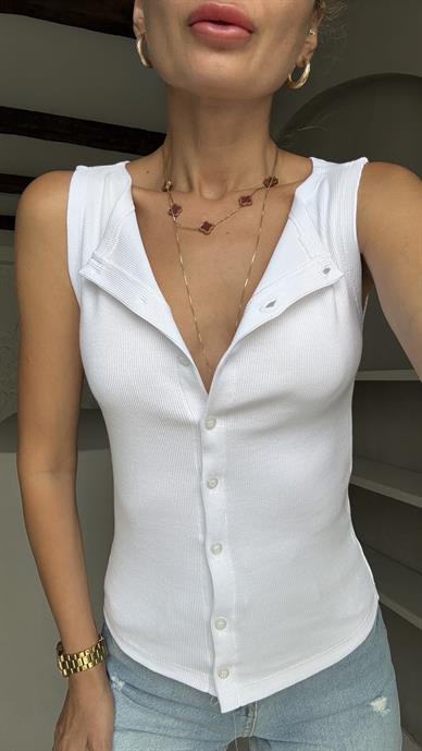 Beyaz Düğmeli Fitilli Atlet