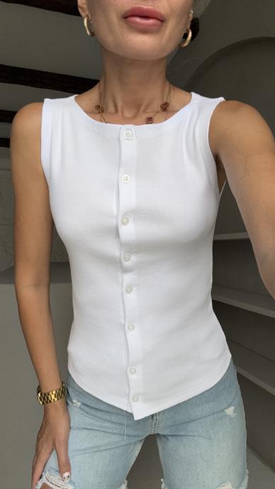 Beyaz Düğmeli Fitilli Atlet