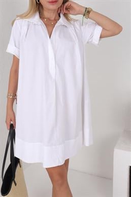Beyaz Erkek Yaka Kısa Oversize Elbise