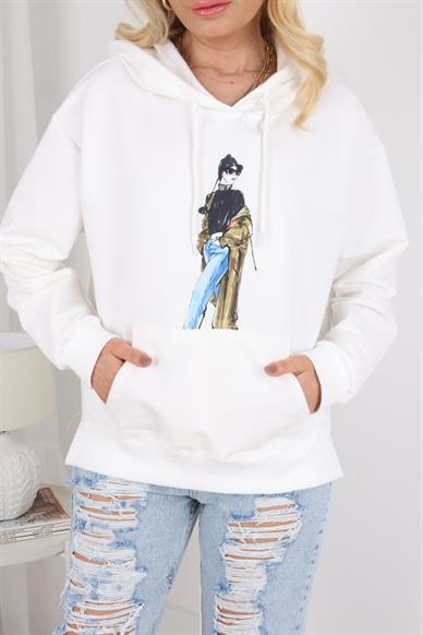 Beyaz Kadın Naskılı Kapişonlu Sweatshirt