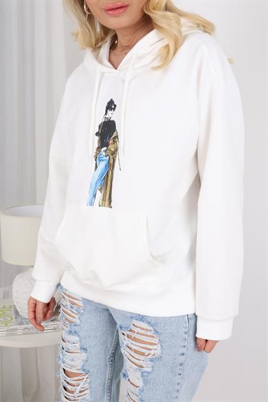 Beyaz Kadın Naskılı Kapişonlu Sweatshirt
