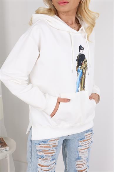 Beyaz Kadın Naskılı Kapişonlu Sweatshirt