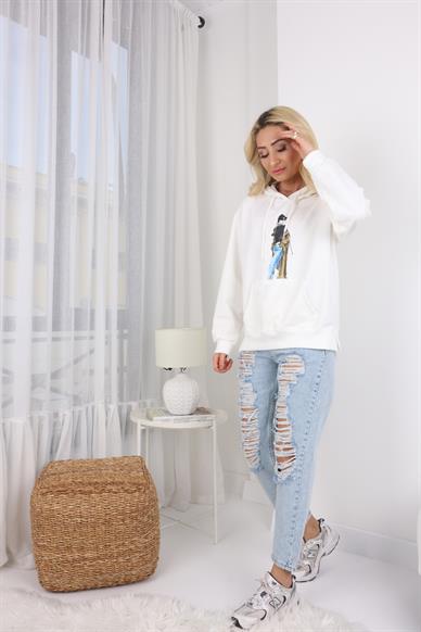 Beyaz Kadın Naskılı Kapişonlu Sweatshirt