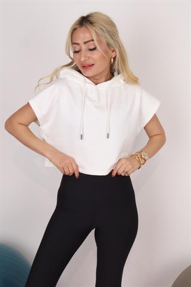 Beyaz Kapişonlu Spor Crop Sweatshirt