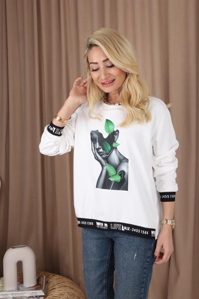 Beyaz Lastik Detay Sweatshirt