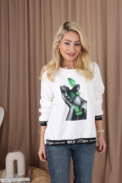 Beyaz Lastik Detay Sweatshirt