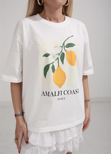 Beyaz Limon Baskılı Basic Tshirt