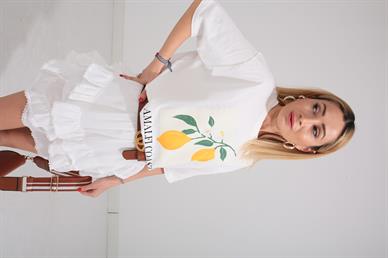 Beyaz Limon Baskılı Basic Tshirt