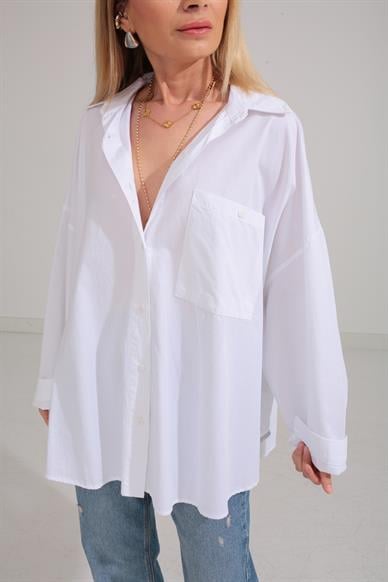 Beyaz Oversize Tek Cepli Gömlek