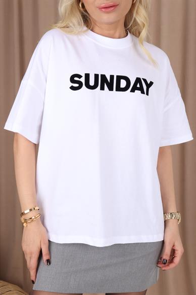 Beyaz Sunday Baskılı Basic Tshirt