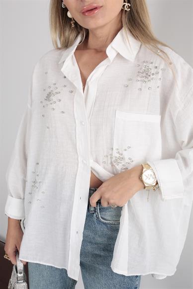 Beyaz Taş İşli  Oversize Gömlek