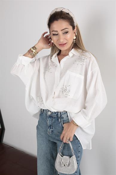 Beyaz Taş İşli  Oversize Gömlek