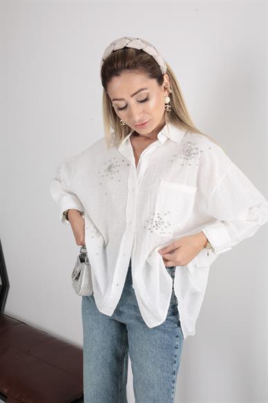 Beyaz Taş İşli  Oversize Gömlek