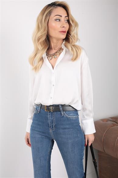 Beyaz V Yaka Saten Gömlek
