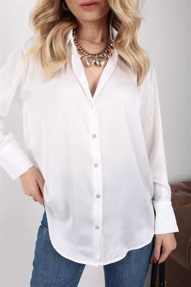 Beyaz V Yaka Saten Gömlek