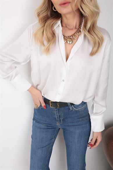 Beyaz V Yaka Saten Gömlek
