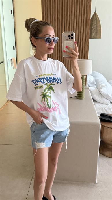 Bisiklet Yaka Ağaç Baskılı Tshirt