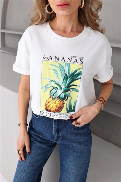Bisiklet Yaka Ananas Baskılı Tshirt