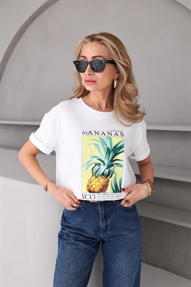 Bisiklet Yaka Ananas Baskılı Tshirt