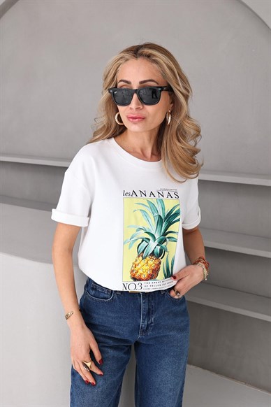 Bisiklet Yaka Ananas Baskılı Tshirt