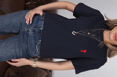 Bisiklet Yaka As Nakışlı Lacivert Tshirt