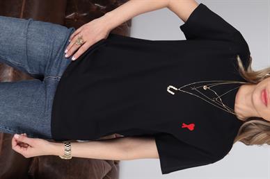Bisiklet Yaka As Nakışlı Siyah Tshirt