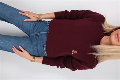 Bisiklet Yaka Ayıcık Nakışlı Bordo Kazak