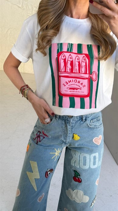 Bisiklet Yaka Balık  Baskılı Tshirt