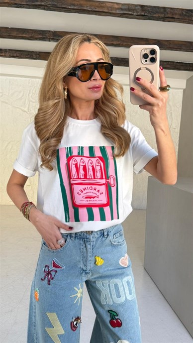 Bisiklet Yaka Balık  Baskılı Tshirt