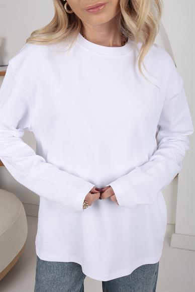 Bisiklet Yaka Beyaz Oversize İnce Sweatshirt