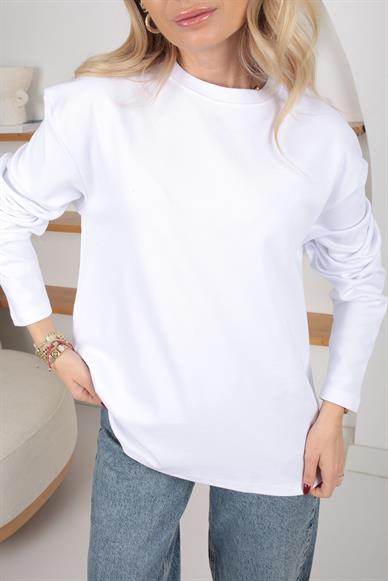 Bisiklet Yaka Beyaz Oversize İnce Sweatshirt