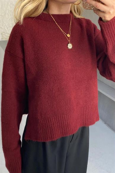 Bisiklet Yaka Bordo Kısa Basic Kazak