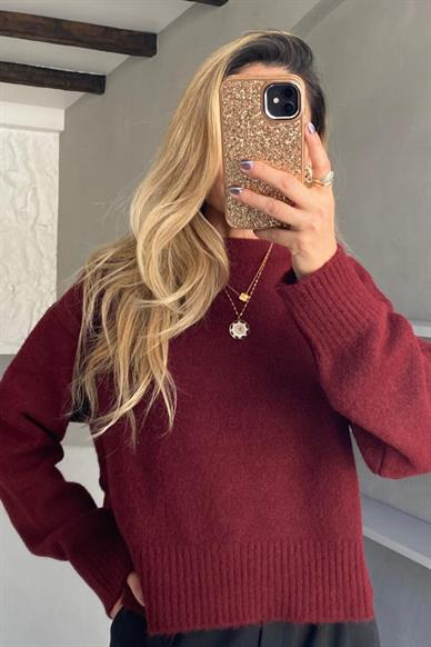 Bisiklet Yaka Bordo Kısa Basic Kazak