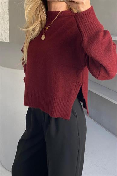 Bisiklet Yaka Bordo Kısa Basic Kazak